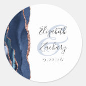 Sticker Rond Mariage Agate Géode Écriture Bleu Nuit Rose Or (Devant)