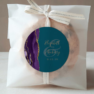 Sticker Rond Mariage Agate Géode Écriture Violet Or Turquoise