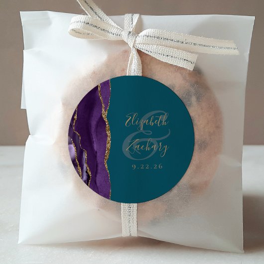 Sticker Rond Mariage Agate Géode Écriture Violet Or Turquoise