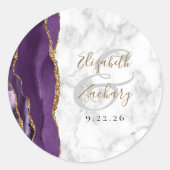 Sticker Rond Mariage Agate Purple Gold Script Marbre (Devant)