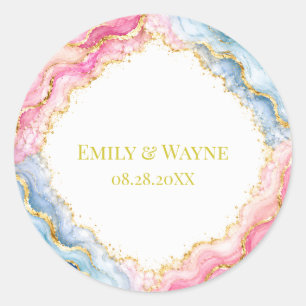 Sticker Rond Mariage Agate Rose Bleu Or