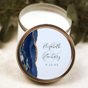 Sticker Rond Mariage Agate Script Bleu Nuit Bleu Pâle Or