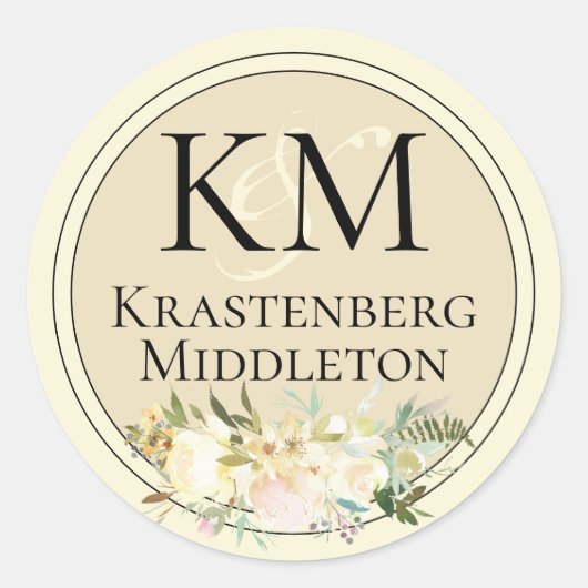 Sticker Rond Mariage Ajouter Votre Nom Monogramme Crème Noir (Devant)