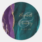 Sticker Rond Mariage Aquarelle Agate Script Violet Or Turquoise (Devant)