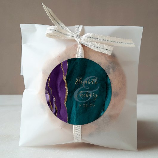 Sticker Rond Mariage Aquarelle Agate Script Violet Or Turquoise