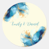 Sticker Rond Mariage aquarelle bleu et or abstrait (Devant)