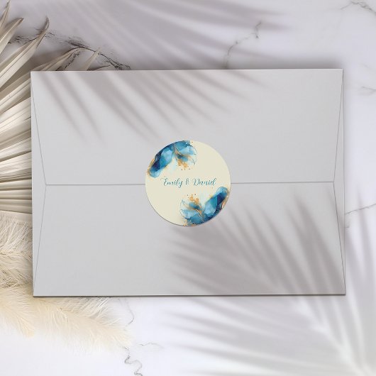 Sticker Rond Mariage aquarelle bleu et or abstrait