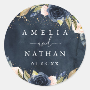 Sticker Rond Mariage aquarelle florale Navy étincelle or