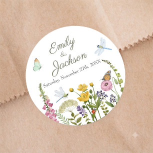 Sticker Rond Mariage aquarelle papillon libellule fleur sauvage