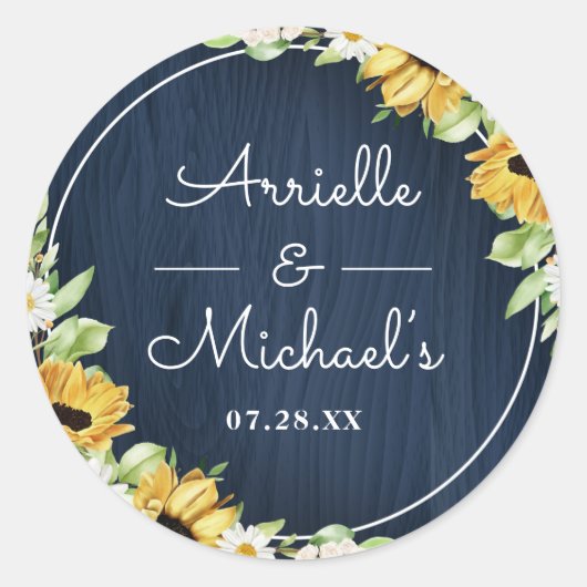 Sticker Rond Mariage Arrière - plan Rustic Sunflower Navy Blue  (Devant)