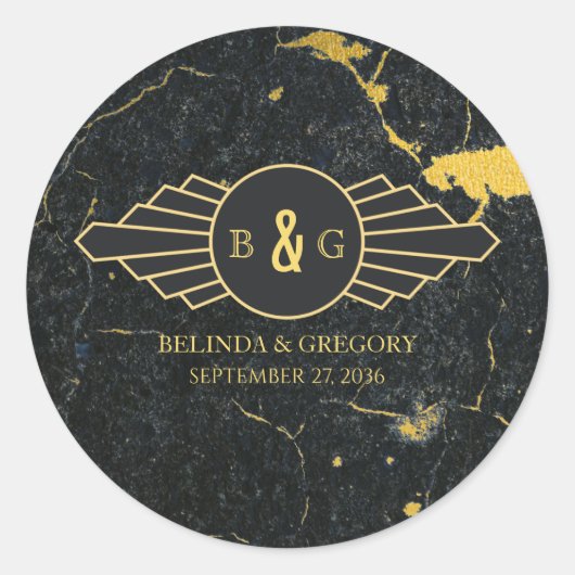 Sticker Rond Mariage Art déco en marbre d'or noir (Devant)