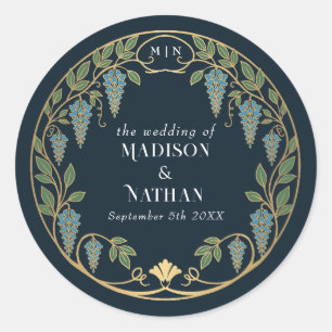 Sticker Rond Mariage Art Nouveau Or Glycine Bleue