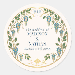 Sticker Rond Mariage Art Nouveau Or Wisteria Bleu