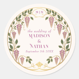 Sticker Rond Mariage Art Nouveau Or Wisteria Rose