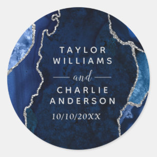 Sticker Rond Mariage au marbre agate Navy et argenté