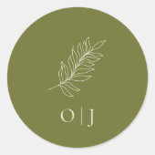 Sticker Rond Mariage au monogramme botanique vert olive (Devant)