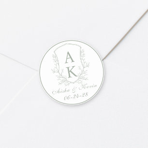 Sticker Rond Mariage au monogramme de crête vert sauge