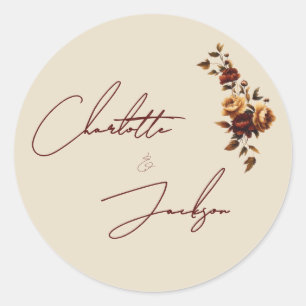 Sticker Rond Mariage Automnal Élégant et Romantique Rose Rouill