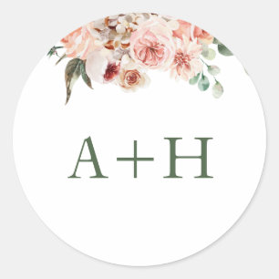 Sticker Rond Mariage aux Roses Roses Blush et Feuillage