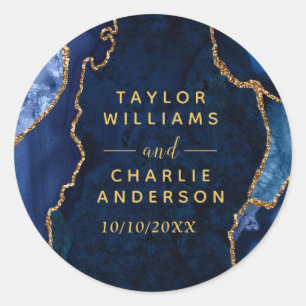 Sticker Rond Mariage avec un marbre agate doré et bleu marine
