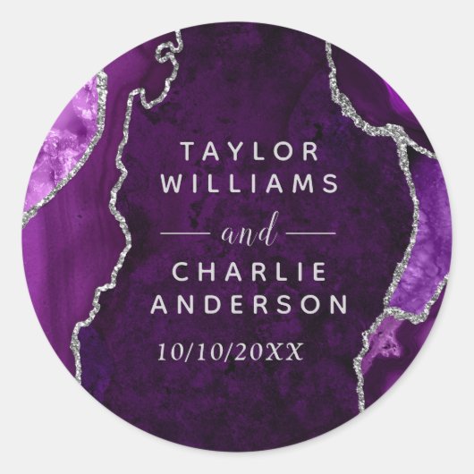 Sticker Rond Mariage Bille d'Agate Violette et Argentée (Devant)