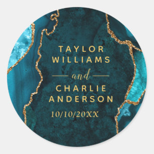 Sticker Rond Mariage Bille de marbre d'agate sarcelle et or