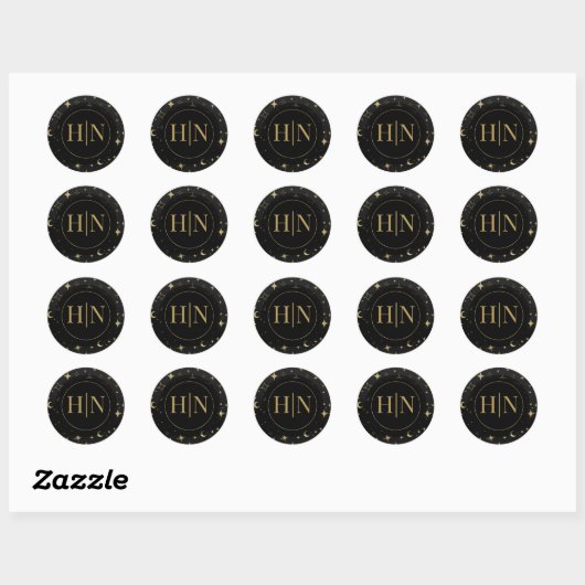 Sticker Rond Mariage Black & Gold Celestial Moon Stars (Feuille)