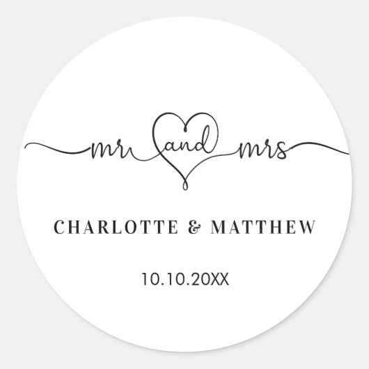 Sticker Rond Mariage blanc m. mme heart script (Devant)