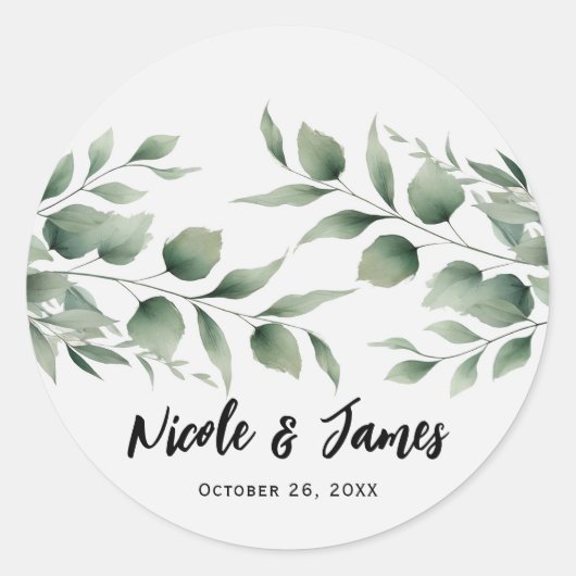 Sticker Rond Mariage Blanc Moderne avec Feuillage Minimal (Devant)