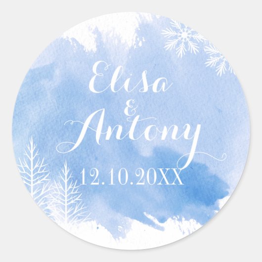 Sticker Rond Mariage bleu aquarelle moderne Enregistrer la date (Devant)