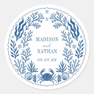 Sticker Rond Mariage bleu de coquille de crabe nautique océan p