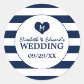 Sticker Rond Mariage bleu et blanc de marine moderne chic (Devant)