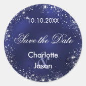 Sticker Rond Mariage bleu marine en argent Enregistrer la date (Devant)