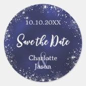 Sticker Rond Mariage bleu marine en argent Enregistrer la date (Devant)