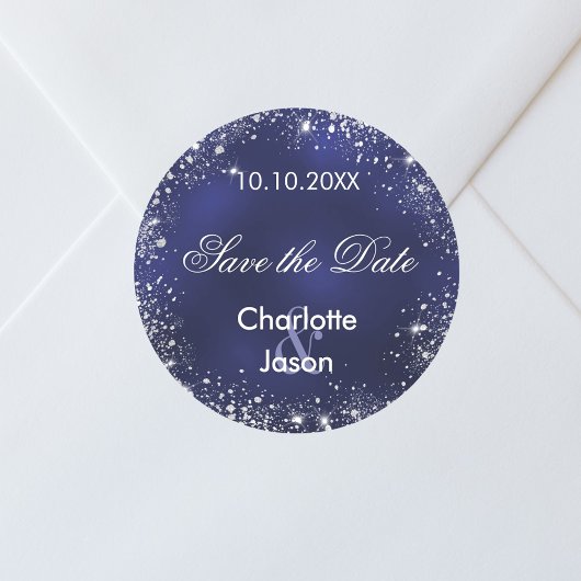 Sticker Rond Mariage bleu marine en argent Enregistrer la date