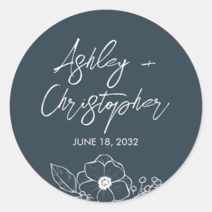 Sticker Rond Mariage bleu marine floral minimal
