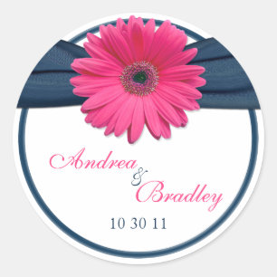 Sticker Rond Mariage bleu marine rose Gerbera Daisy