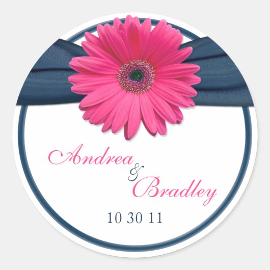 Sticker Rond Mariage bleu marine rose Gerbera Daisy (Devant)
