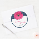 Sticker Rond Mariage bleu marine rose Gerbera Daisy (Enveloppe)