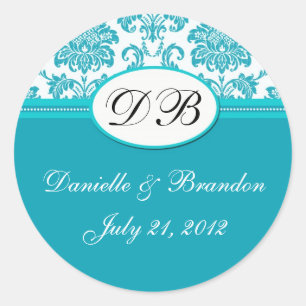 Sticker Rond Mariage bleu Monogramme Damask Seal