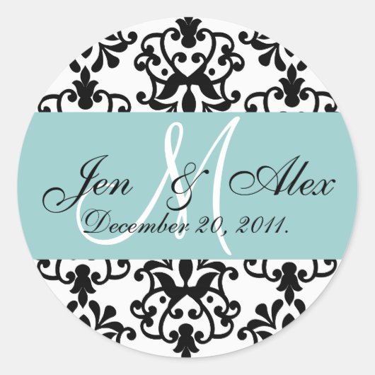 Sticker Rond Mariage bleu Monogramme Date Paisley Seal (Devant)