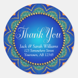Sticker Rond Mariage bleu orange exotique Favoriser Merci Stick