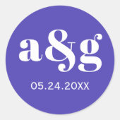 Sticker Rond Mariage bleu violet monogramme simple et élégant (Devant)