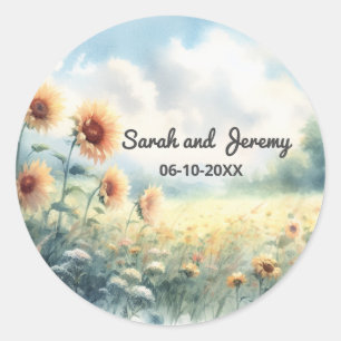 Sticker Rond Mariage Bohème Champêtre Fleur de Tournesol Aquare