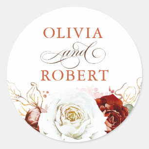 Sticker Rond Mariage Bohème Floral Moderne Rouge Bourgogne et B