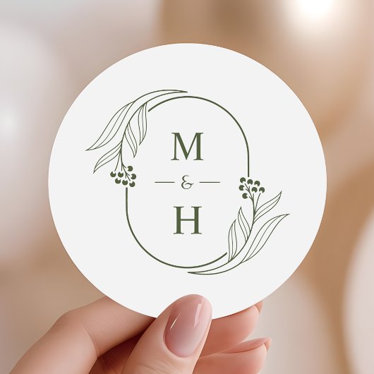 Sticker Rond Mariage Bohème Minimaliste Monogramme Vert Olive