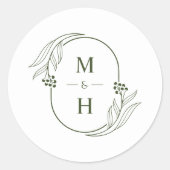 Sticker Rond Mariage Bohème Minimaliste Monogramme Vert Olive (Devant)