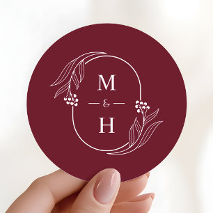 Sticker Rond Mariage Bohème Moderne Monogramme Élégant Bourgogn