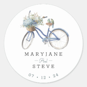 Sticker Rond Mariage Bohemian Blue Bicycle Watercolor