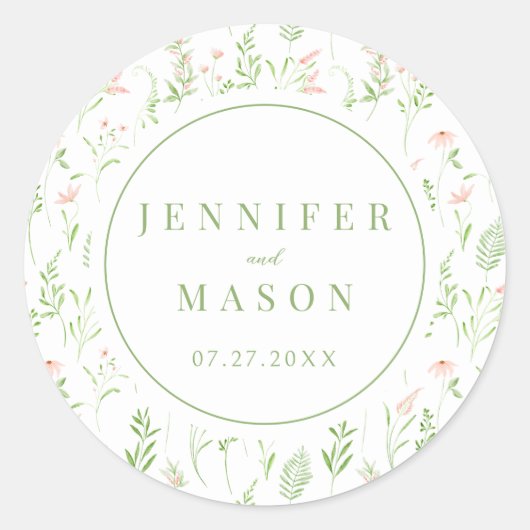 Sticker Rond Mariage boho fleur sauvage rose pâle délicat (Devant)